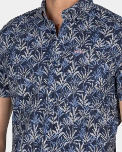 Dark Blue Shirt with Floral Print and Short Sleeves