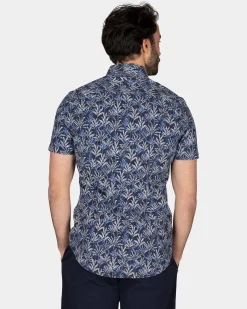 Dark Blue Shirt with Floral Print and Short Sleeves