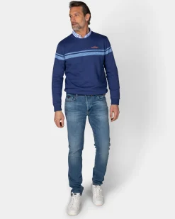 Dark blue sweater with light blue stripes
