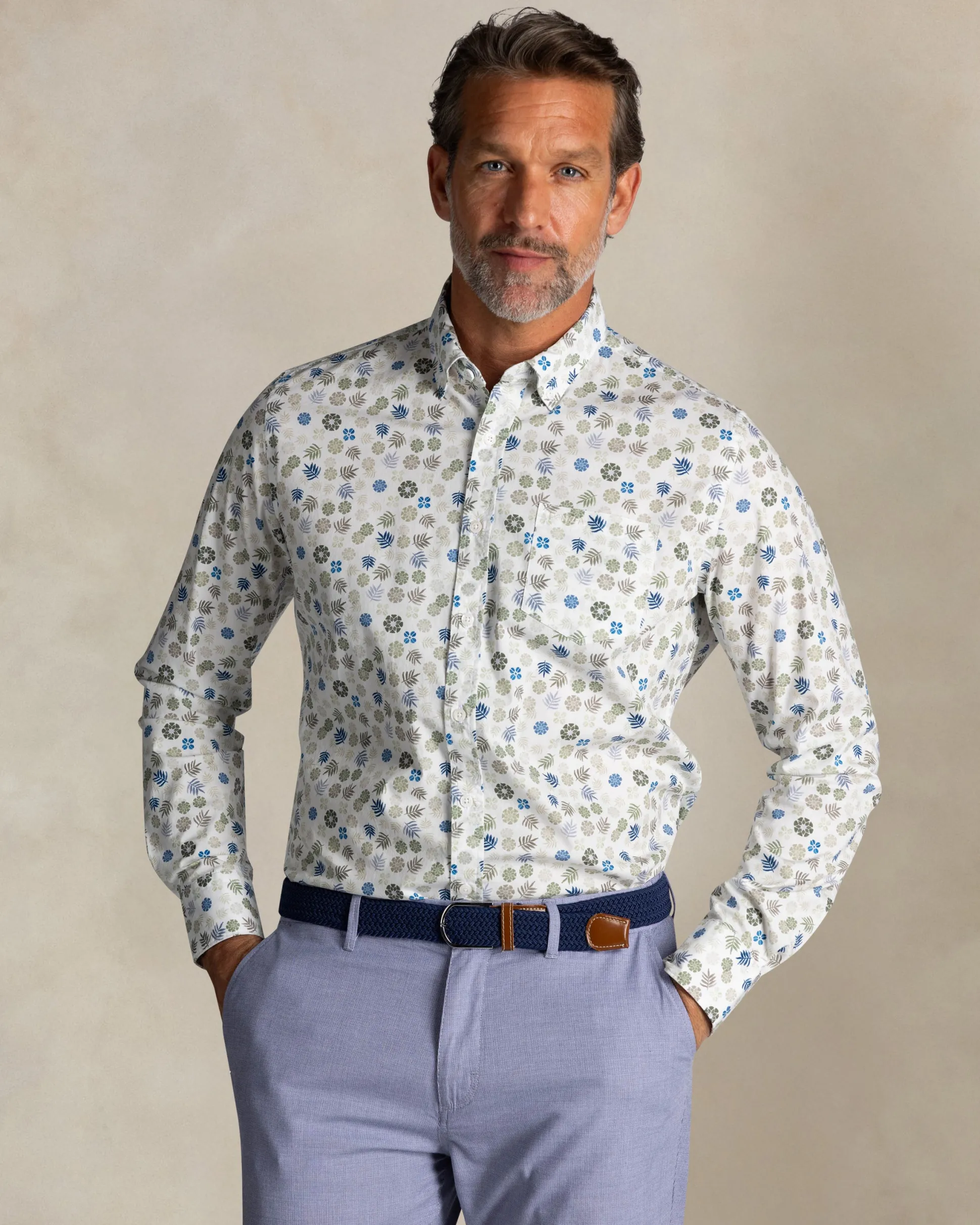 Ecru floral stretch shirt in cotton