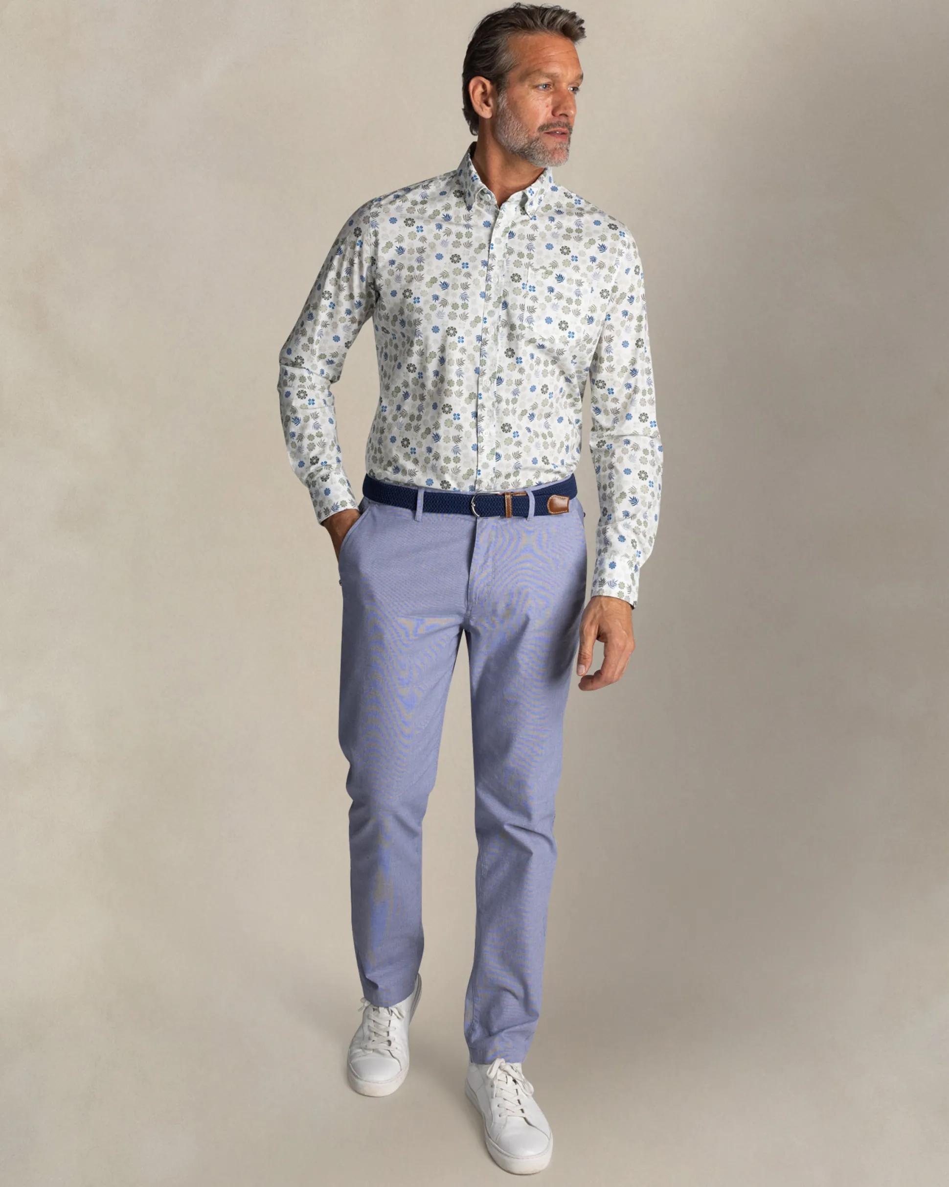 Ecru floral stretch shirt in cotton