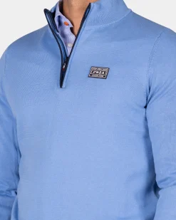 Fine-knit blue half-zip sweater - Frozen Blue