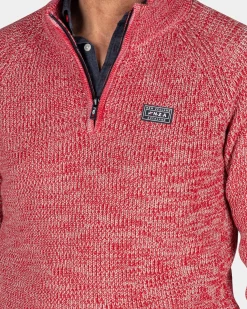 Gray cotton sweater with half-zip - Reef Red