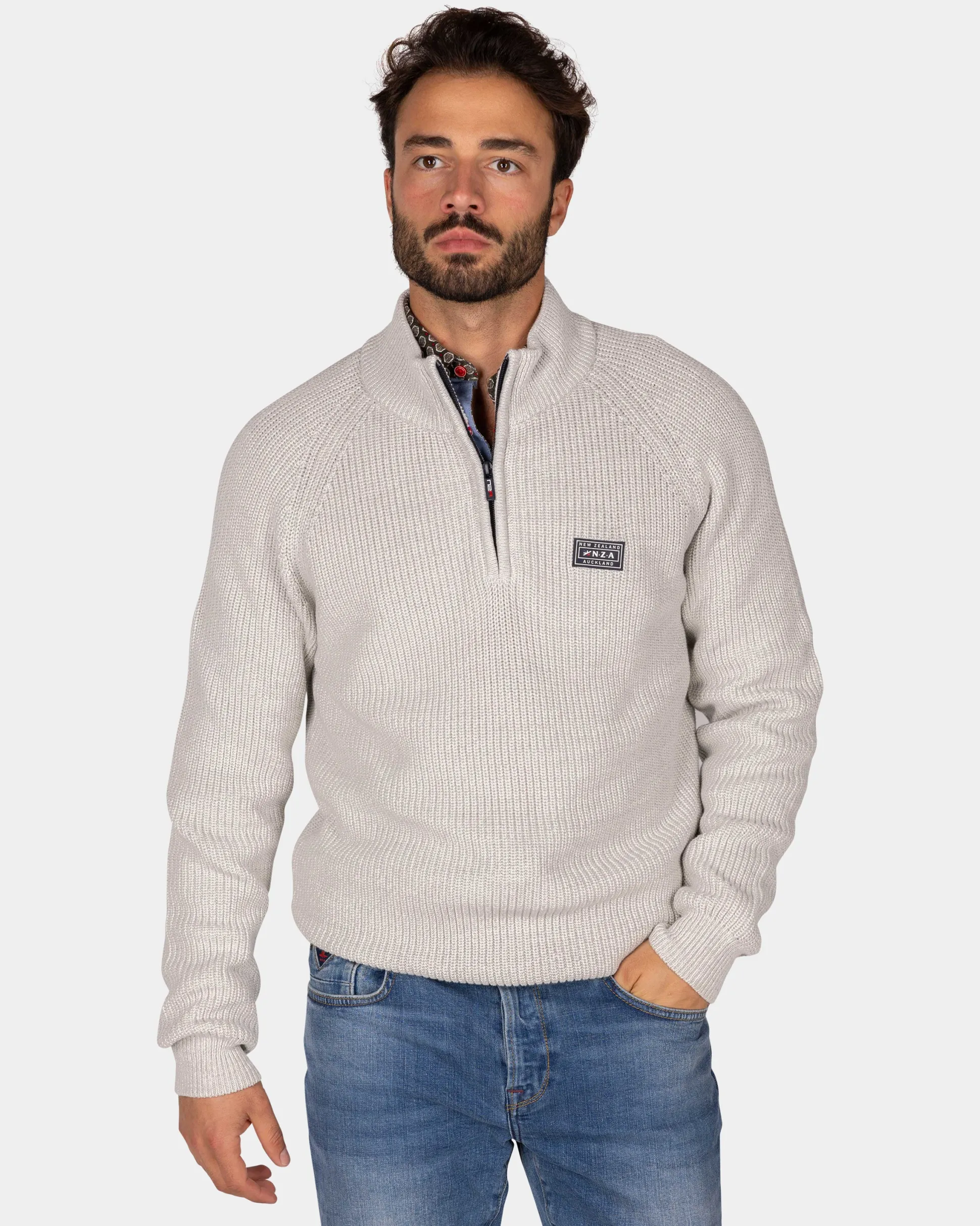 Gray cotton sweater with half-zip - Grey Melange
