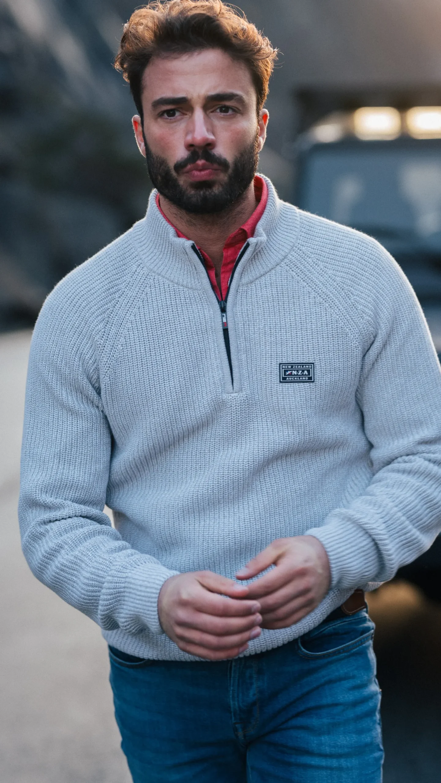 Gray cotton sweater with half-zip - Grey Melange
