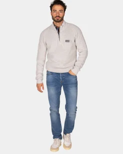 Gray cotton sweater with half-zip - Grey Melange