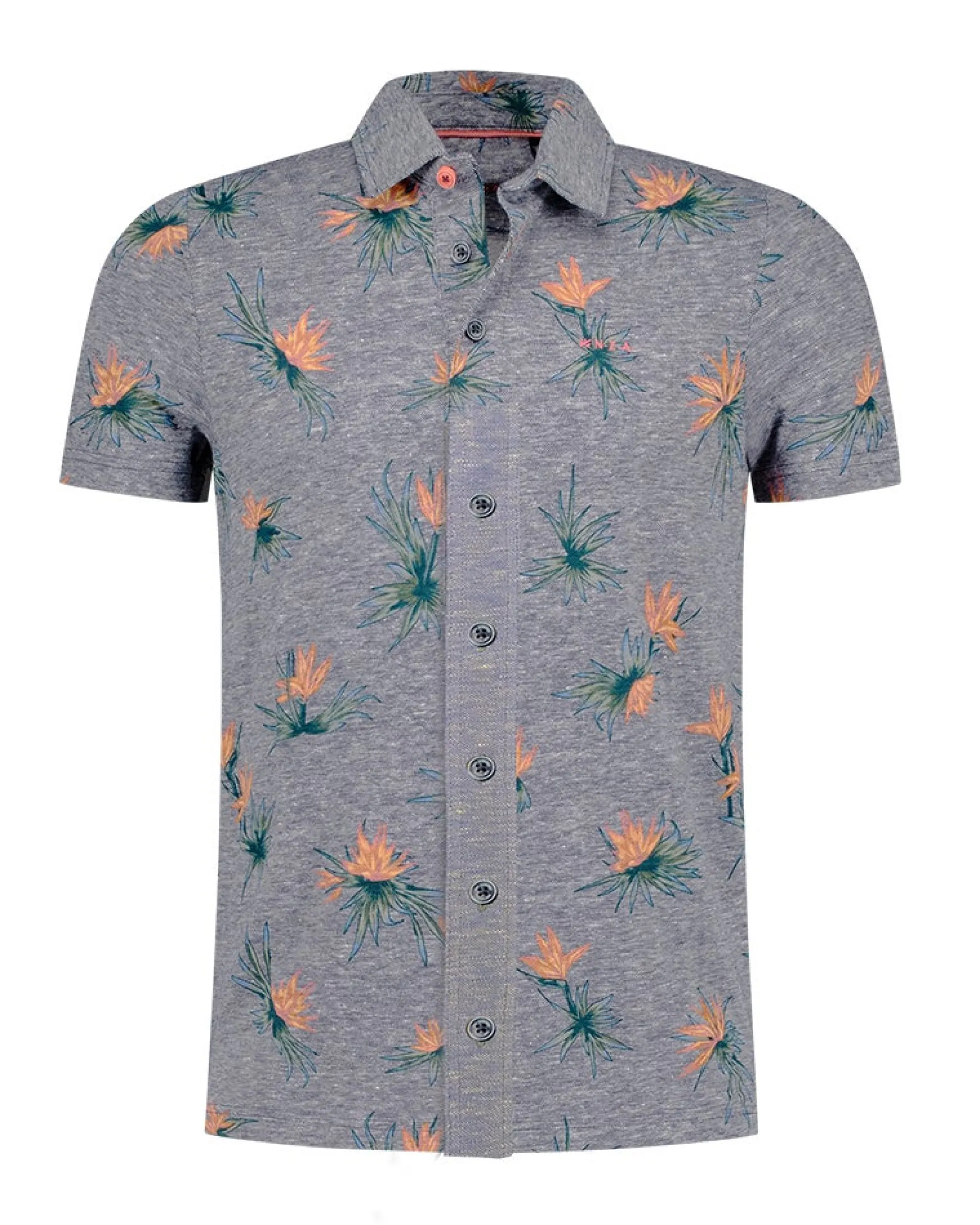 Gray short-sleeve shirt with pink floral print