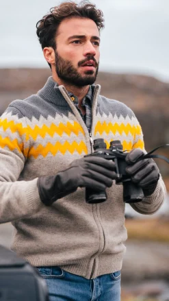 Gray wool cardigan with yellow pattern - Chestnut