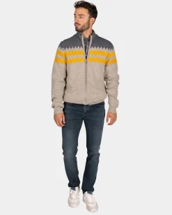 Gray wool cardigan with yellow pattern - Chestnut