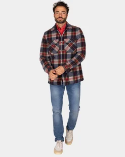 Gray-green-red checkered flannel padded shirt - Winter Navy