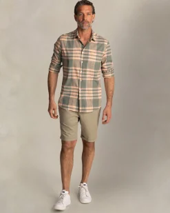 Green and orange short-sleeve checkered shirt