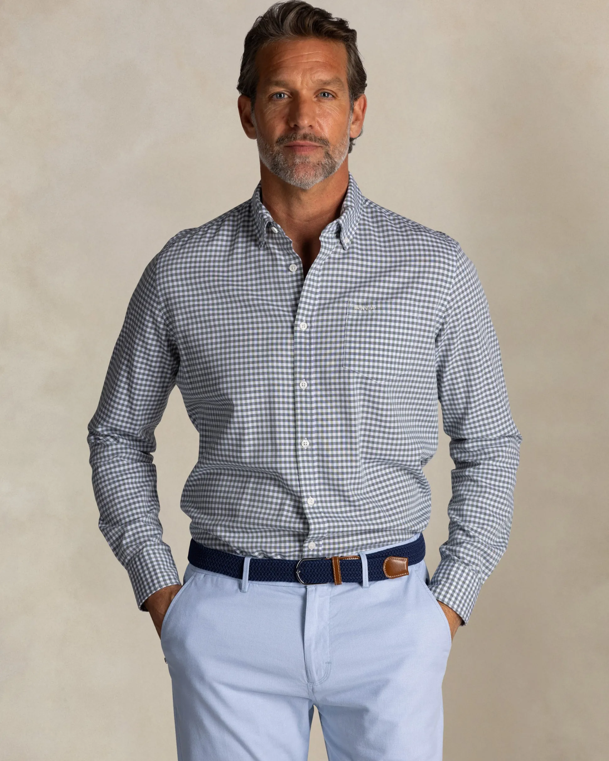 Green check cotton button-down