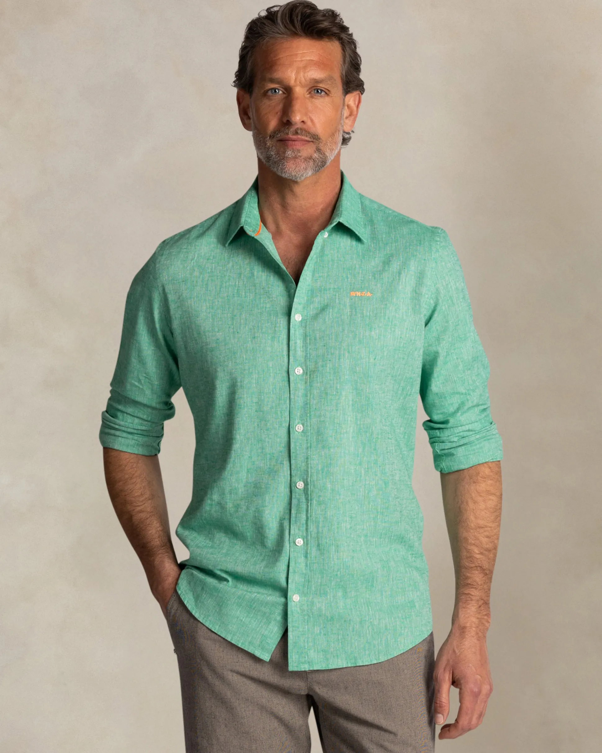 Green cotton-linen long-sleeve shirt