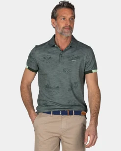 Green Gray Polo with Leaf Print