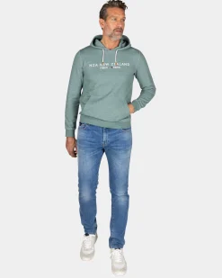 Green hoodie with chest text - Pebble Green