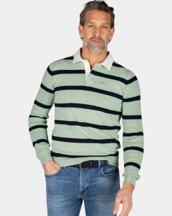 Green long sleeve polo with dark green stripes