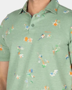 Green polo shirt with leaf print