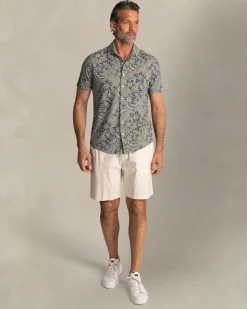 Green shirt with blue and white leaf print