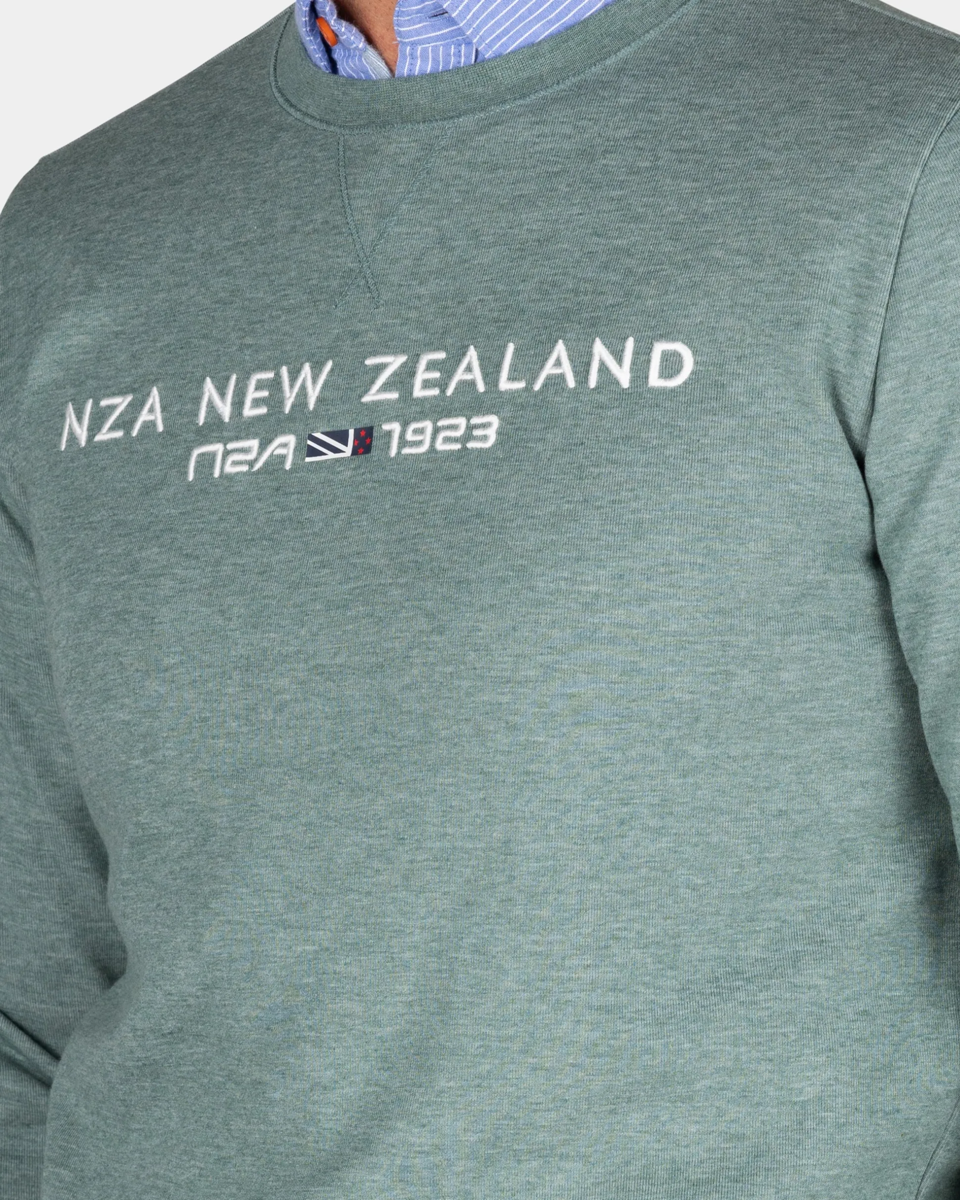 Green sweater with chest text - Pebble Green