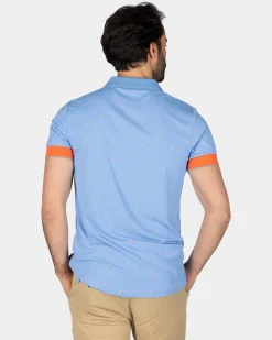 Light blue polo with orange accents