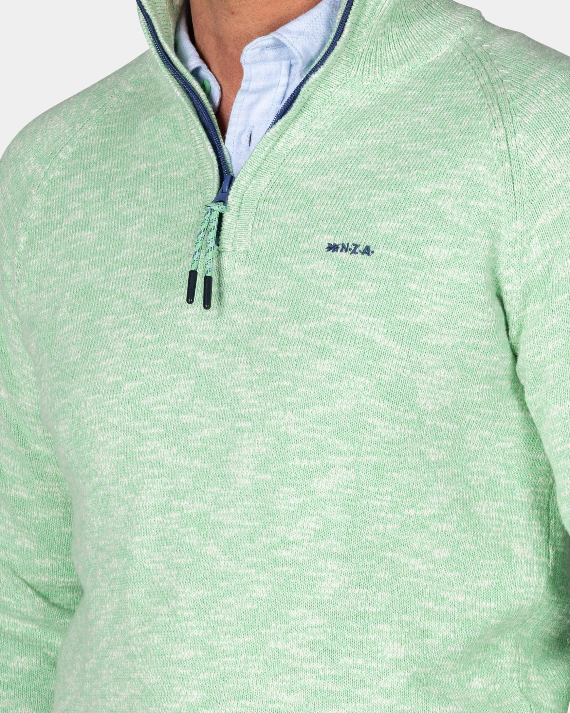 Light green cotton sweater with half zipper