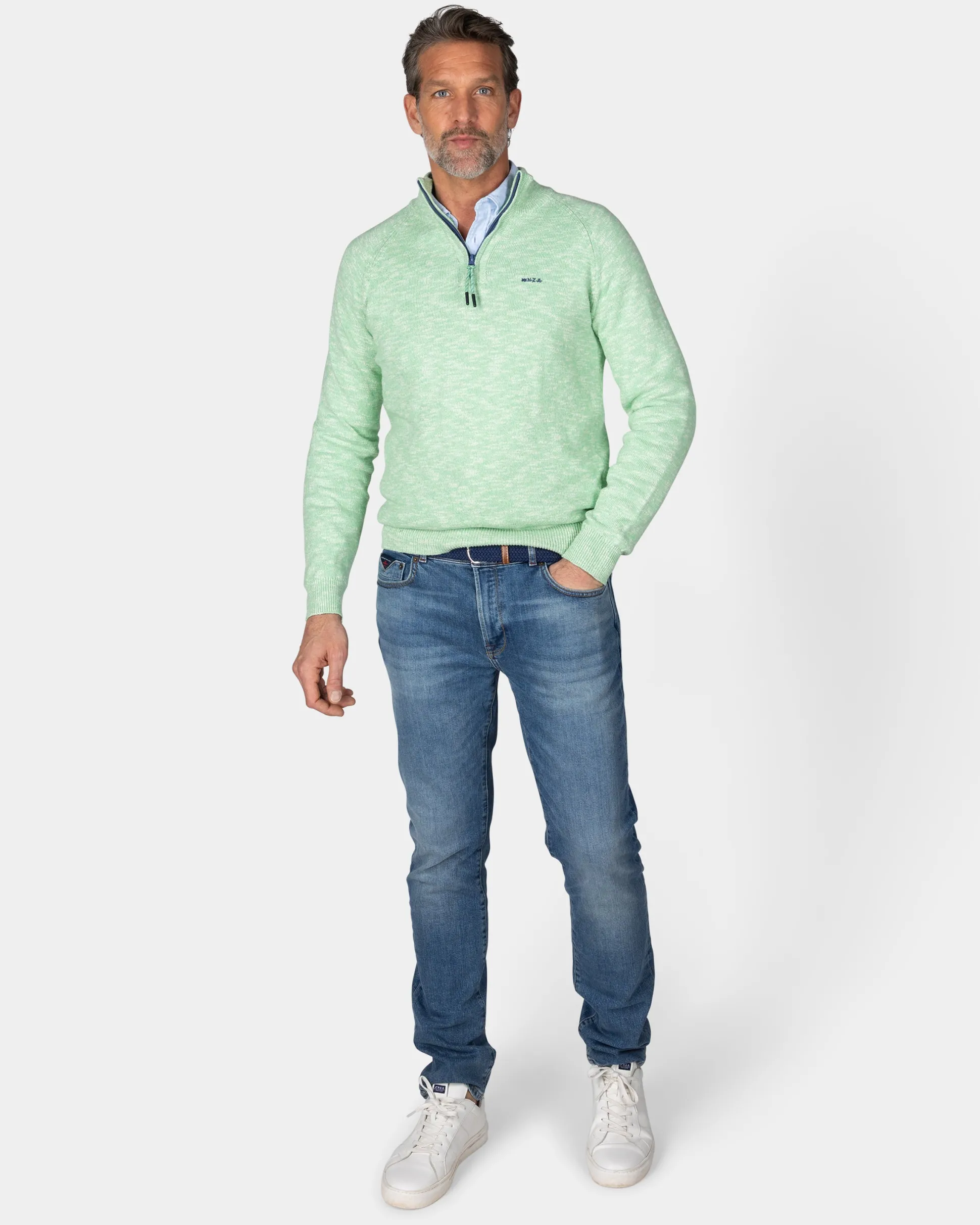 Light green cotton sweater with half zipper