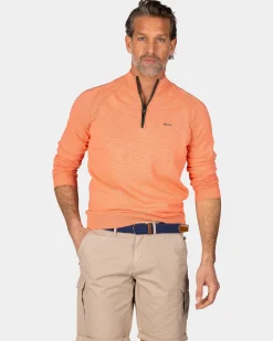 Light Orange Cotton Sweater with Half-Zip
