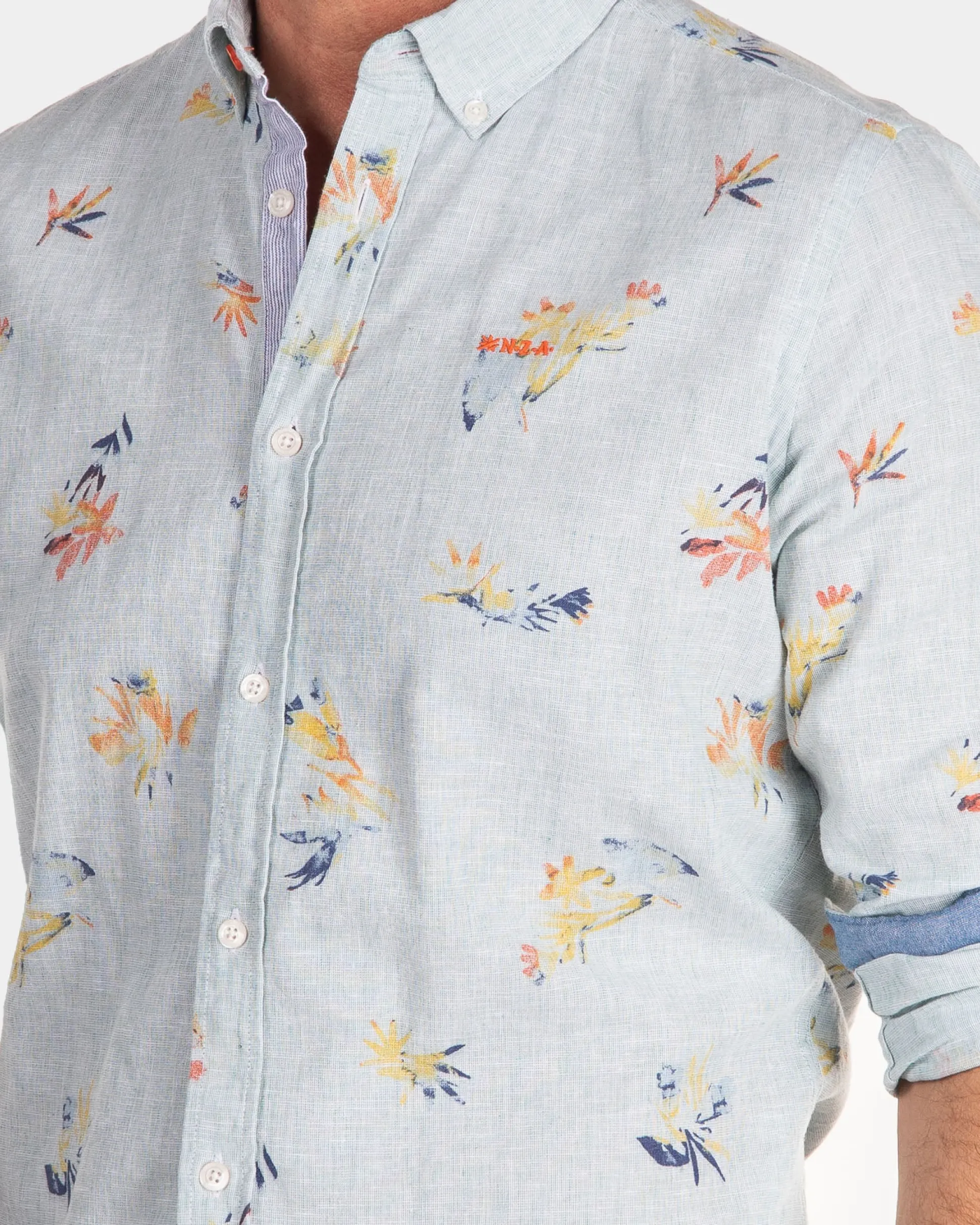 Linen shirt with flower print - Amazon Green