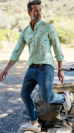 Linen shirt with flower print - Amazon Green
