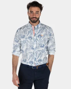 Long sleeved light blue flower printed shirt - Light Blue