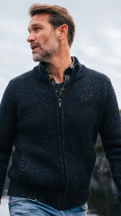 Mottled dark blue wool cardigan - Winter Navy