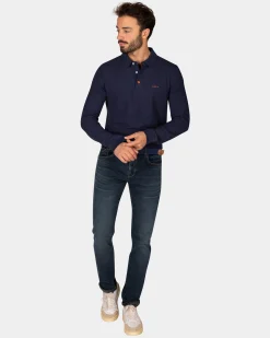 Navy cotton long sleeve polo - Autumn Navy