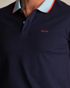 Navy cotton polo with light blue collar