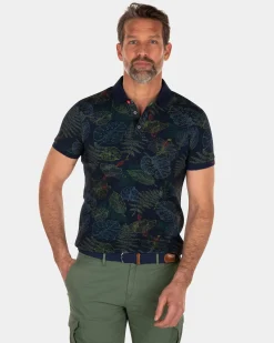 Navy leaf printed polo shirt - Key Navy