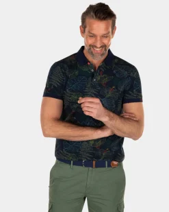 Navy leaf printed polo shirt - Key Navy