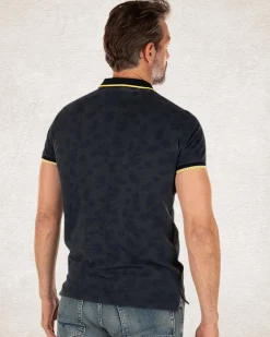 Navy polo shirt with leaf print