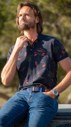 Navy polo with flower print - Traditional Navy