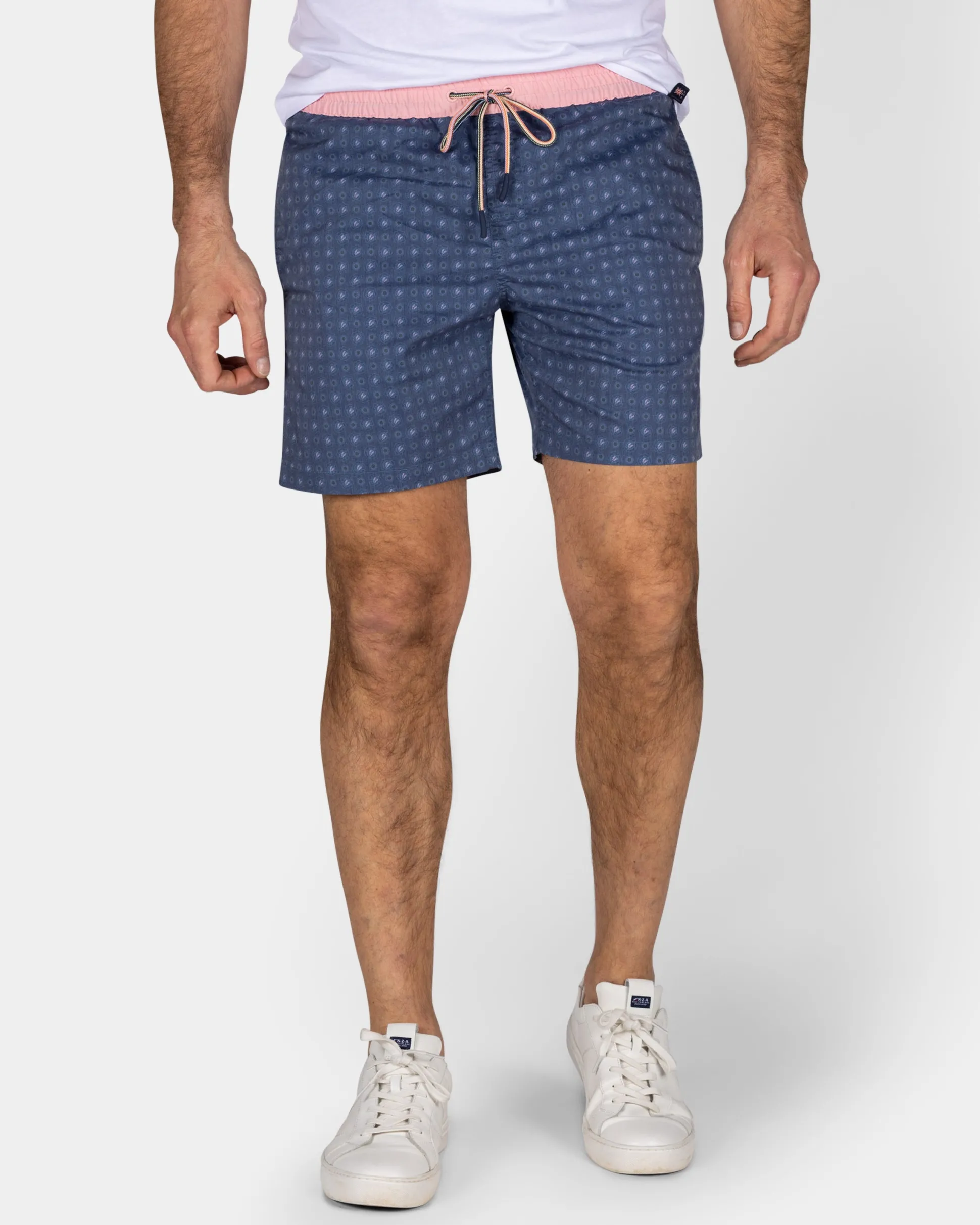 Navy Swim Shorts with Print and Light Pink Details