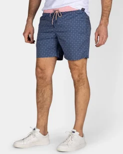 Navy Swim Shorts with Print and Light Pink Details
