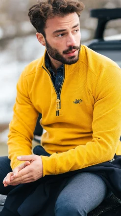 Ochre yellow cotton half-zip sweater - Warm Ocre