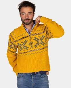 Ochre yellow half-zip pullover with colored pattern - Warm Ocre
