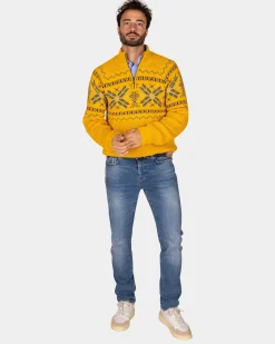 Ochre yellow half-zip pullover with colored pattern - Warm Ocre