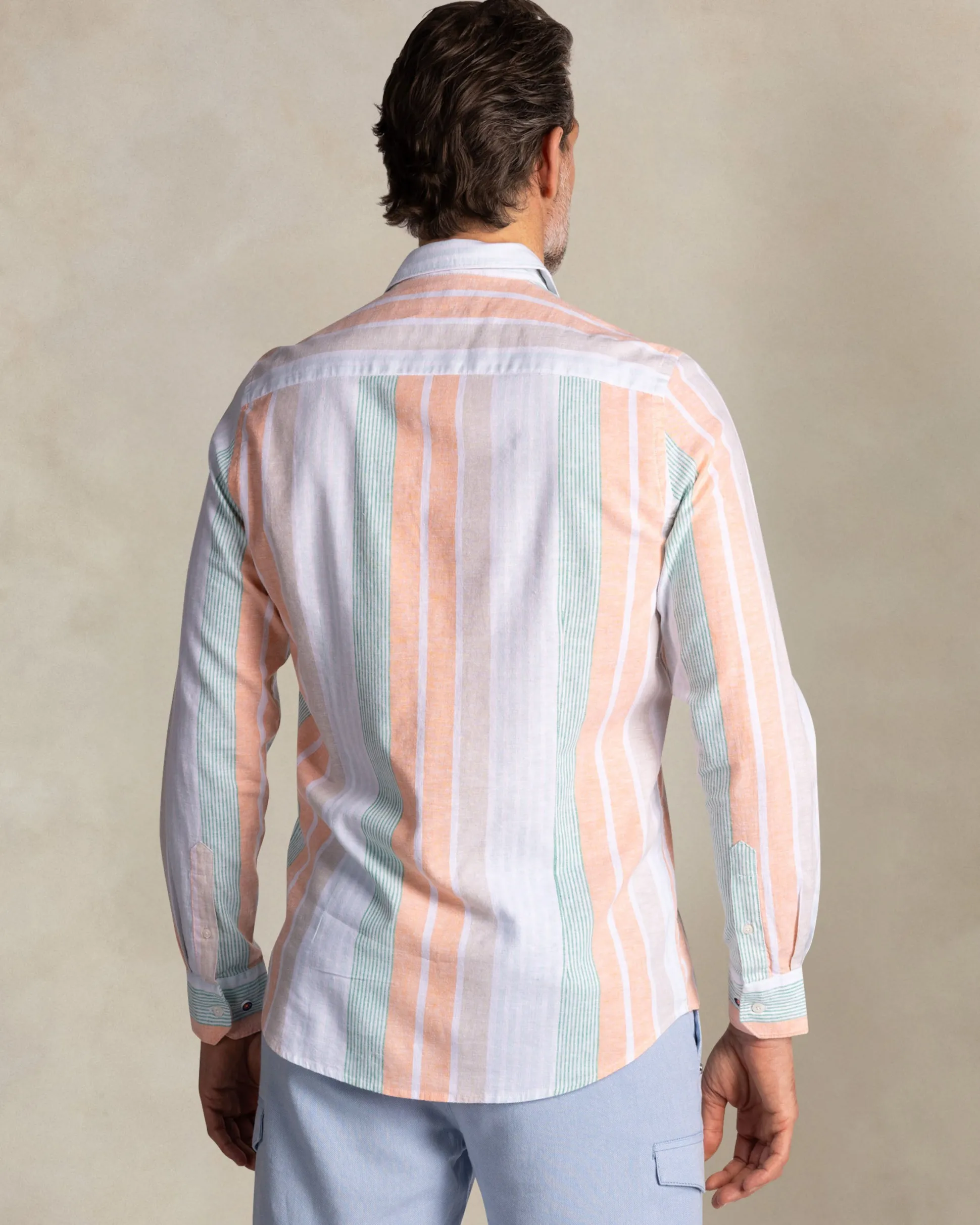 Orange and green striped linen shirt