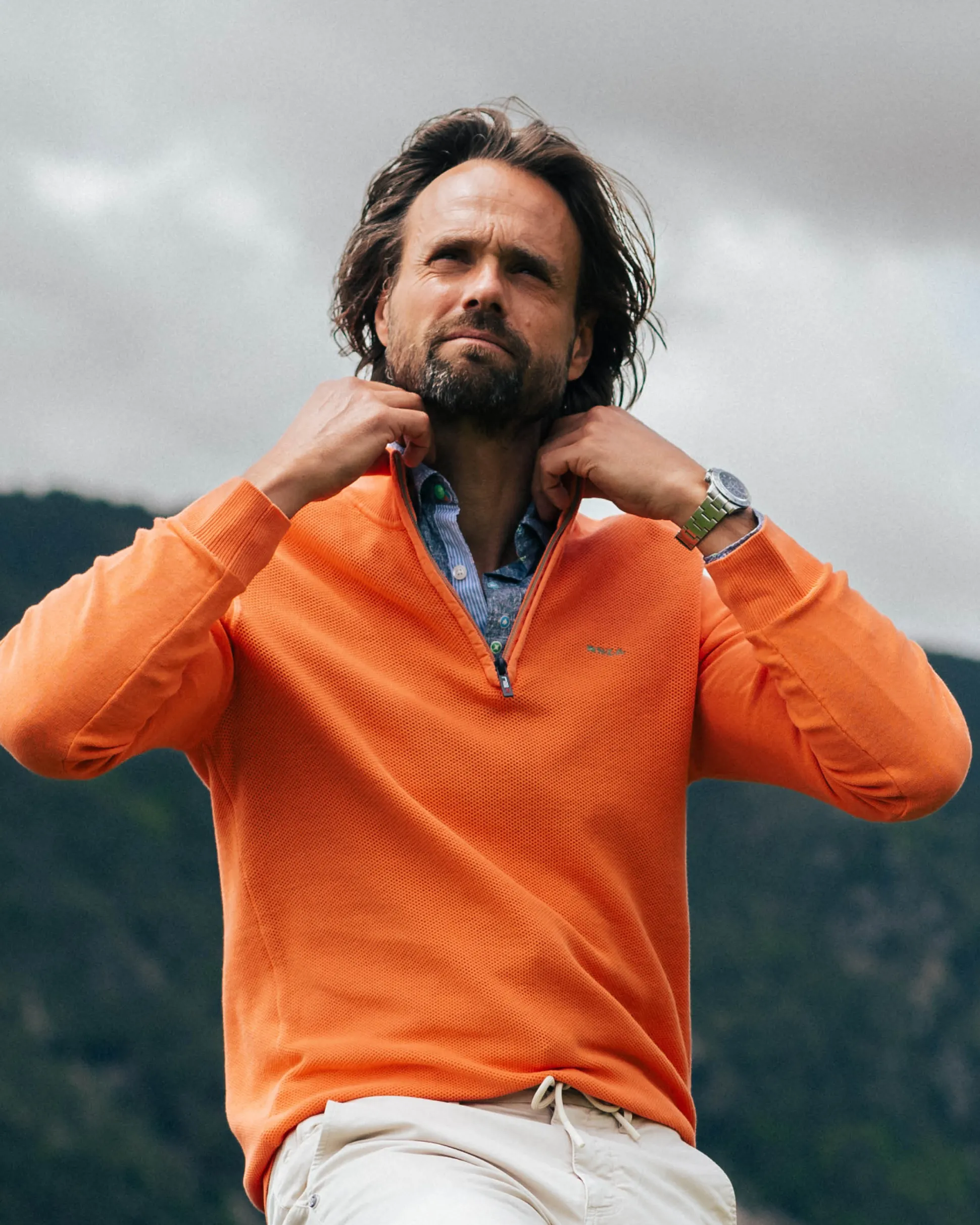 Orange basic pullover with half zipper