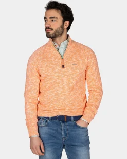 Orange cotton sweater with half zipper
