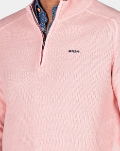 Pastel pink basic pullover with half zipper