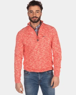 Plain sweater with half zip - Orange Red