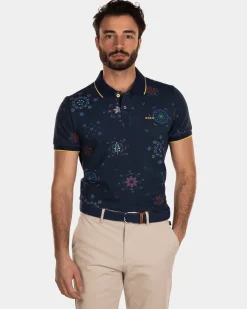 Printed Cotton Polo Shirt - Key Navy