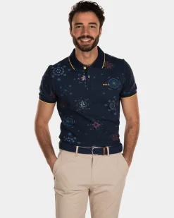 Printed Cotton Polo Shirt - Key Navy