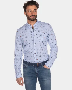 Printed linen cotton shirt light blue - Light Blue